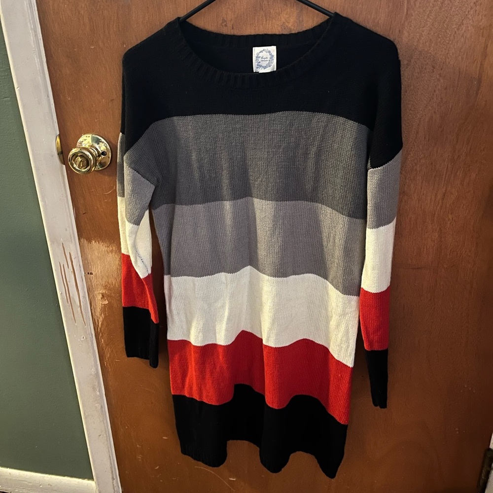 Blue Rain color-block sweater dress red/black/gray/white